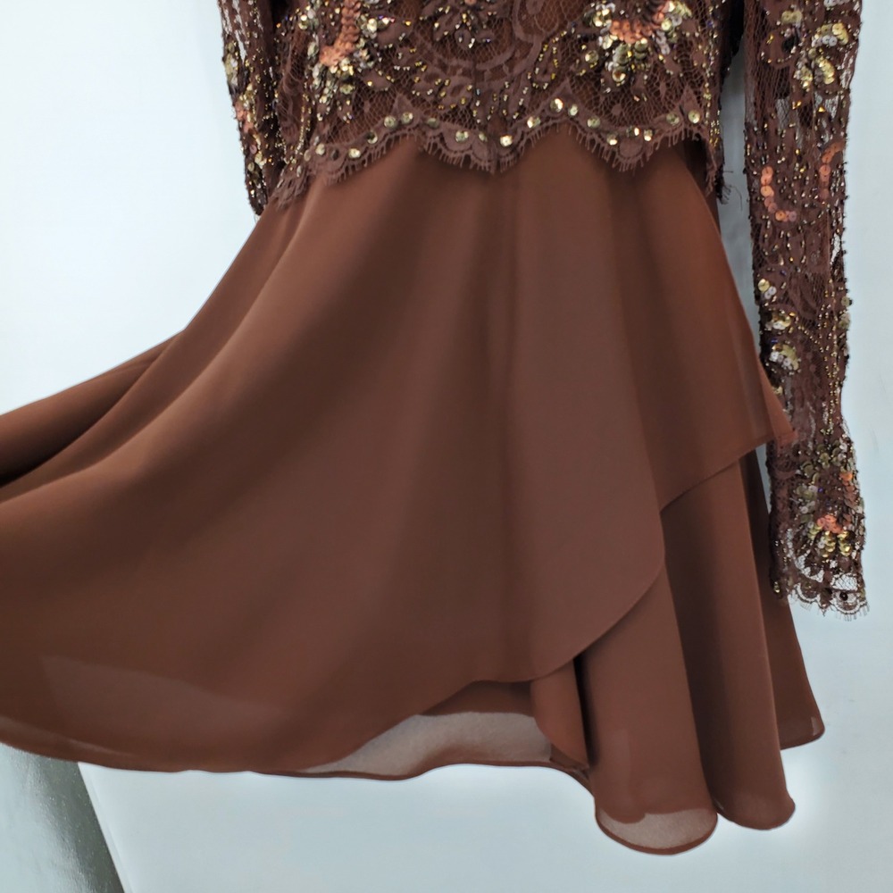 Jour Et Nuit Jackie Bernard Brown Beaded Lace Georgette Mock Neck Dress 4 Formal - Picture 8 of 10